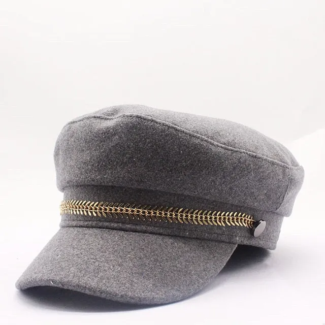 Paperboy Navy Wool Cap w/ Gold Leaf Trim Womens Plus Size
