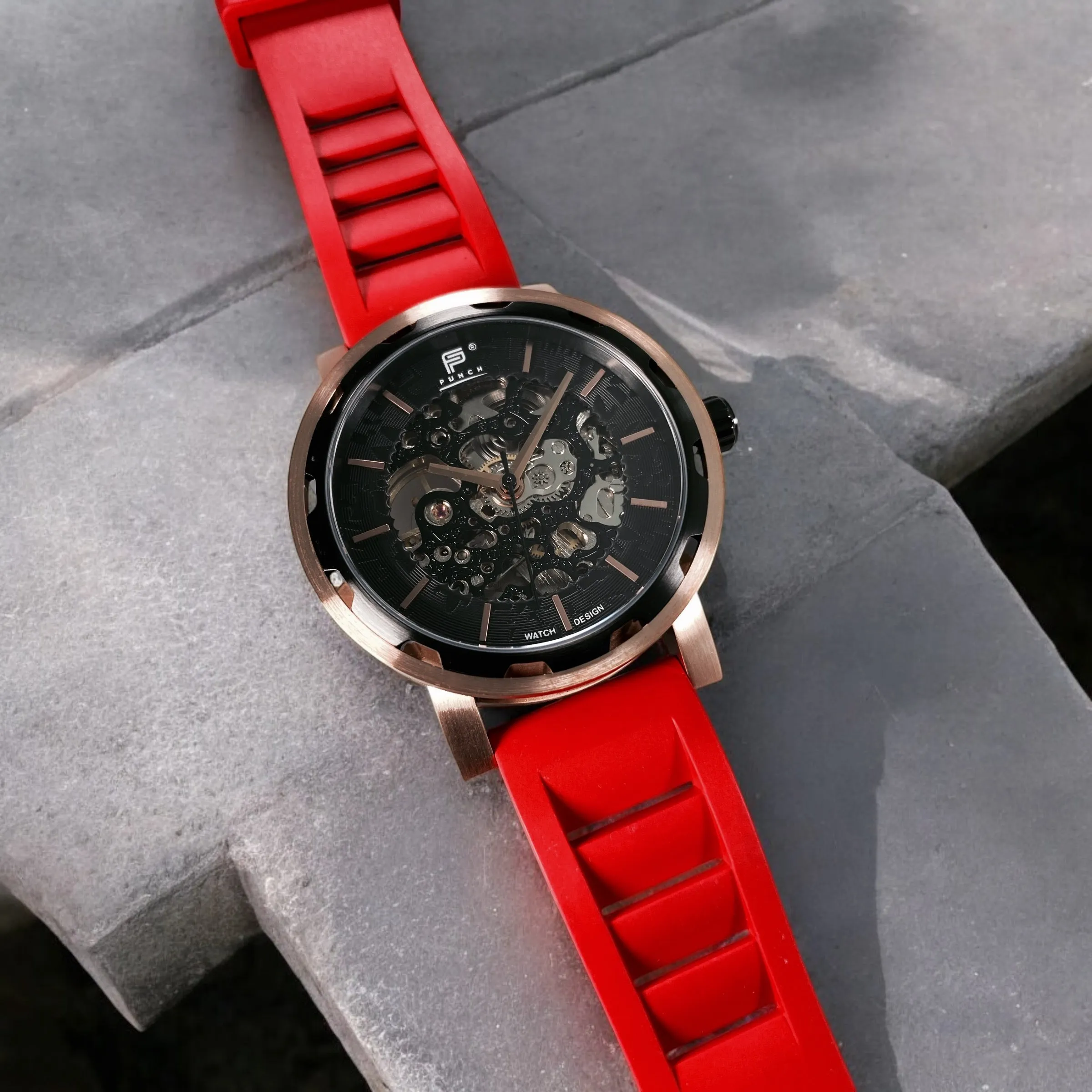 PUNCH Mens Watch, Rose Gold & Black Skeleton Automatic Watch - Red Rubber Strap