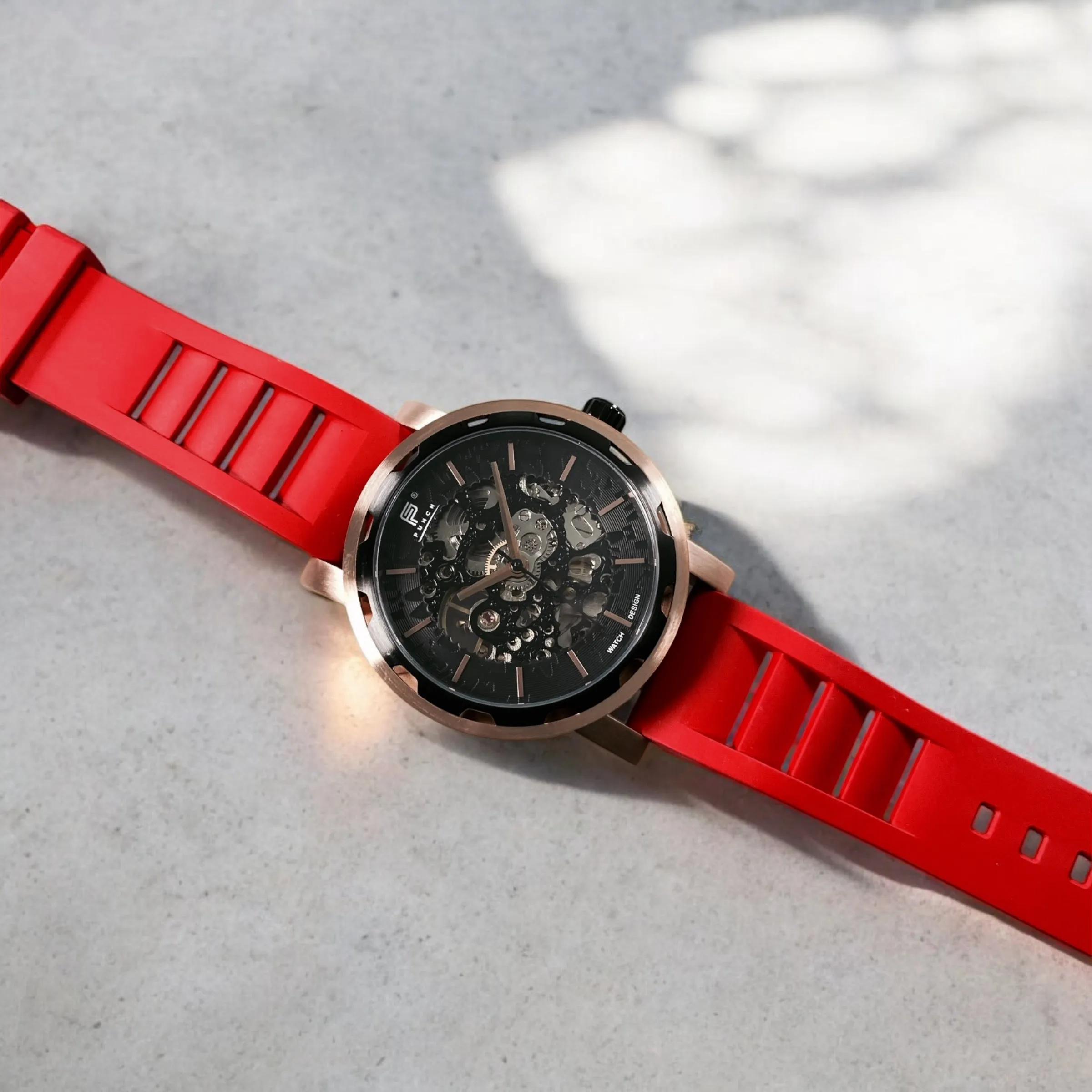 PUNCH Mens Watch, Rose Gold & Black Skeleton Automatic Watch - Red Rubber Strap
