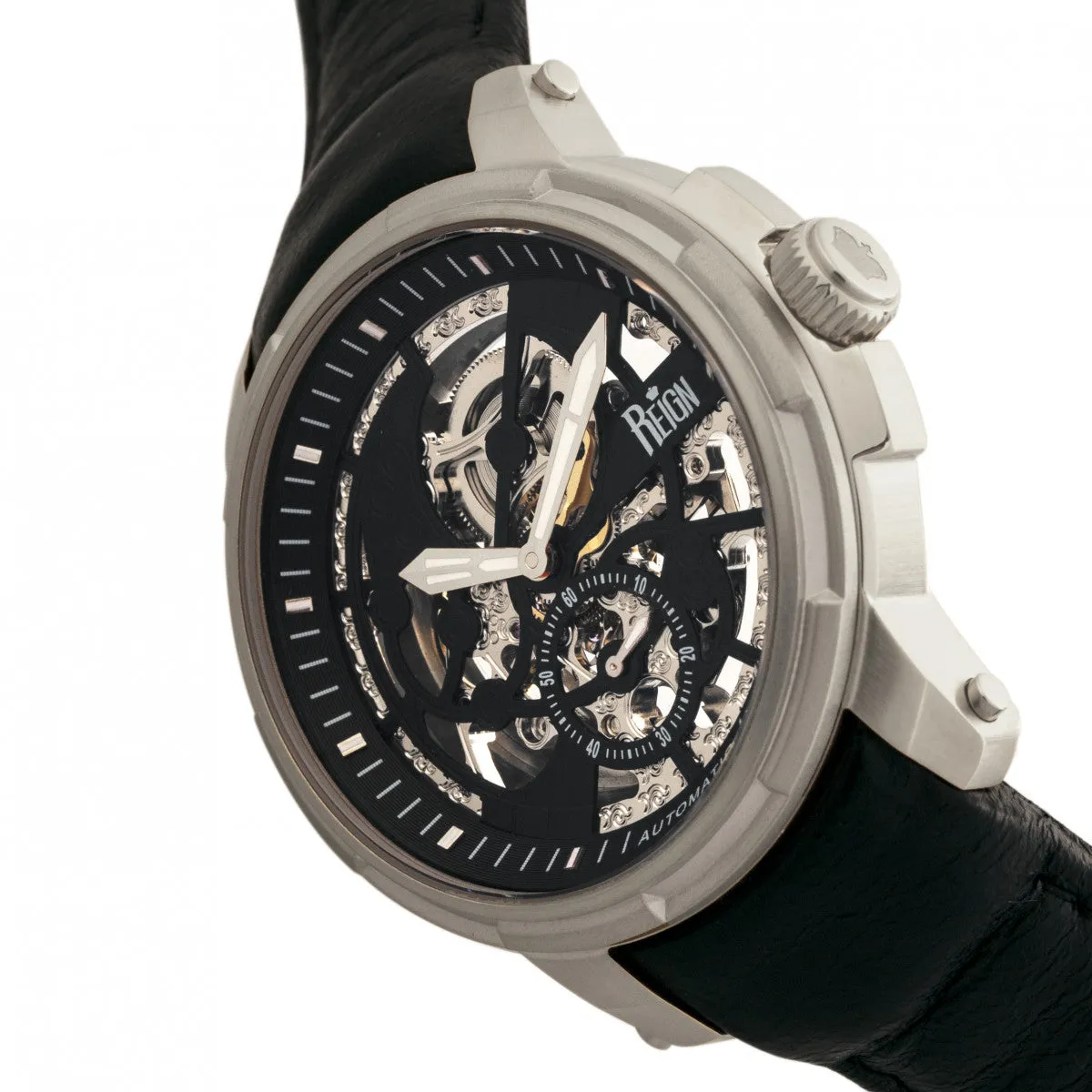Reign Matheson Automatic Skeleton Dial Leather-Band Watch - Black