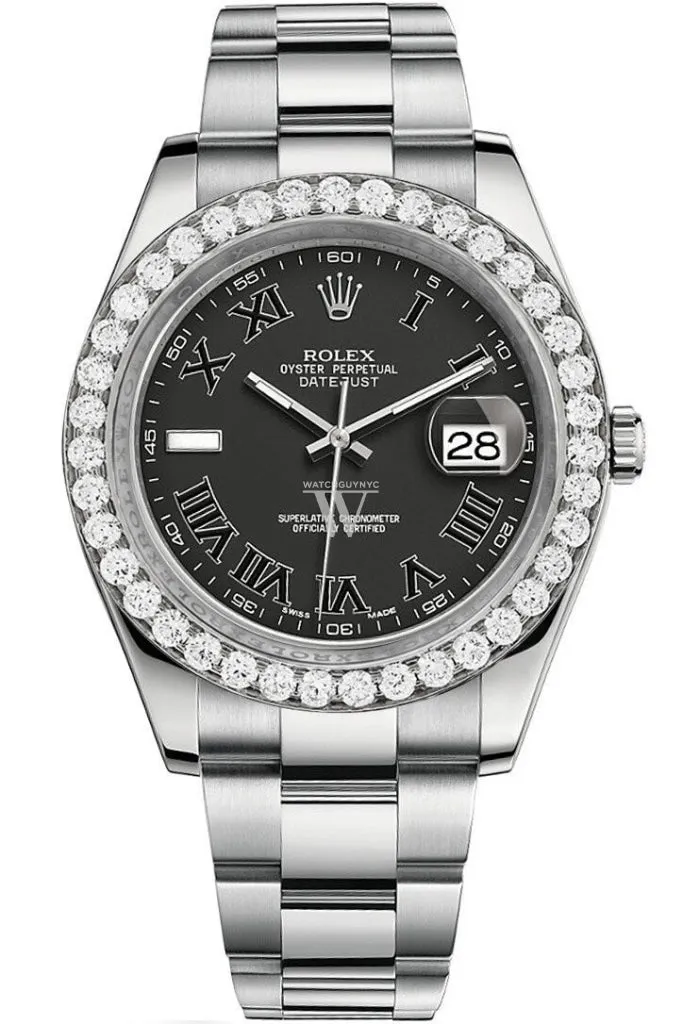 Rolex Custom Diamond Bezel Datejust 41mm Black Roman Dial Steel Oyster Men's Watch 116300 Pre-owned