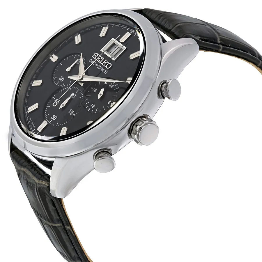 Seiko Chronograph Black Dial Black Leather Men's Watch SPC083P2