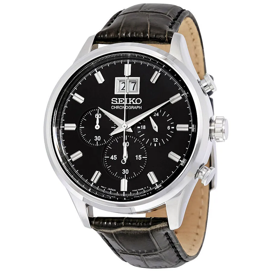 Seiko Chronograph Black Dial Black Leather Men's Watch SPC083P2