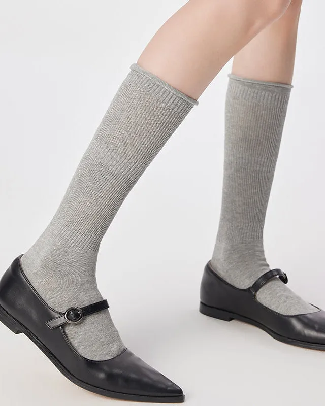 Sweetnana 3-Pack Solid Rolled Edge Socks for Women Cozy Seamless Socks Cotton Knee High Socks