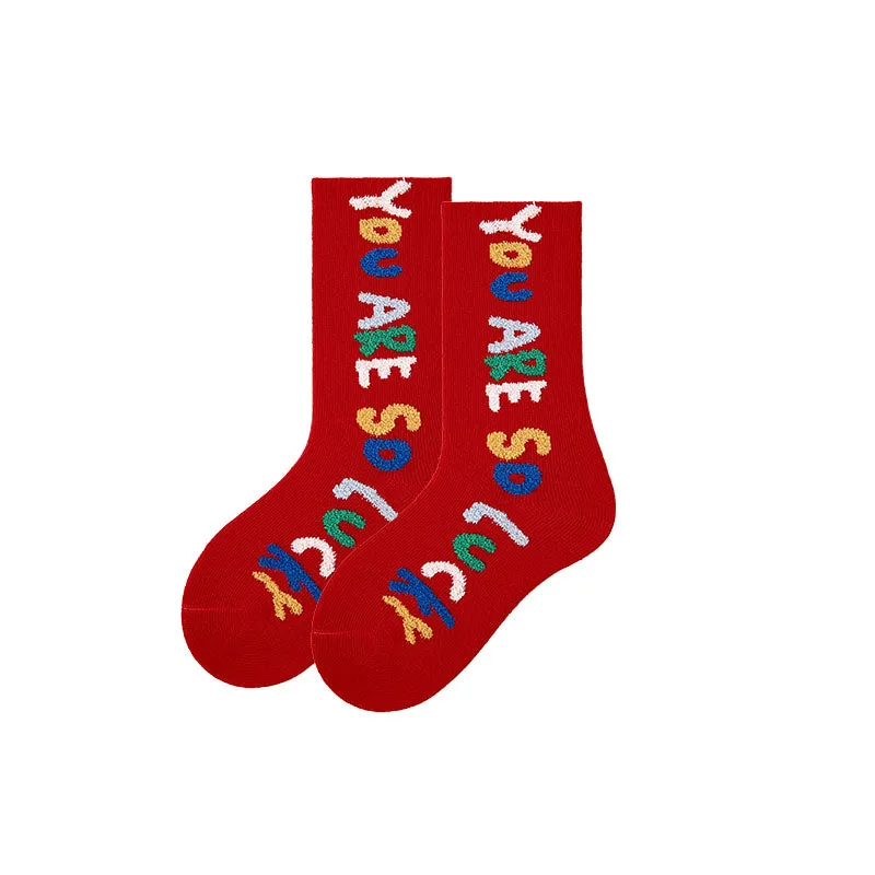 Sweetnana 4-Pack Children's New Year Socks Cotton Crew Socks Chinese Natal Year Red Cotton Socks Set