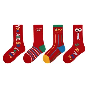Sweetnana 4-Pack Children's New Year Socks Cotton Crew Socks Chinese Natal Year Red Cotton Socks Set