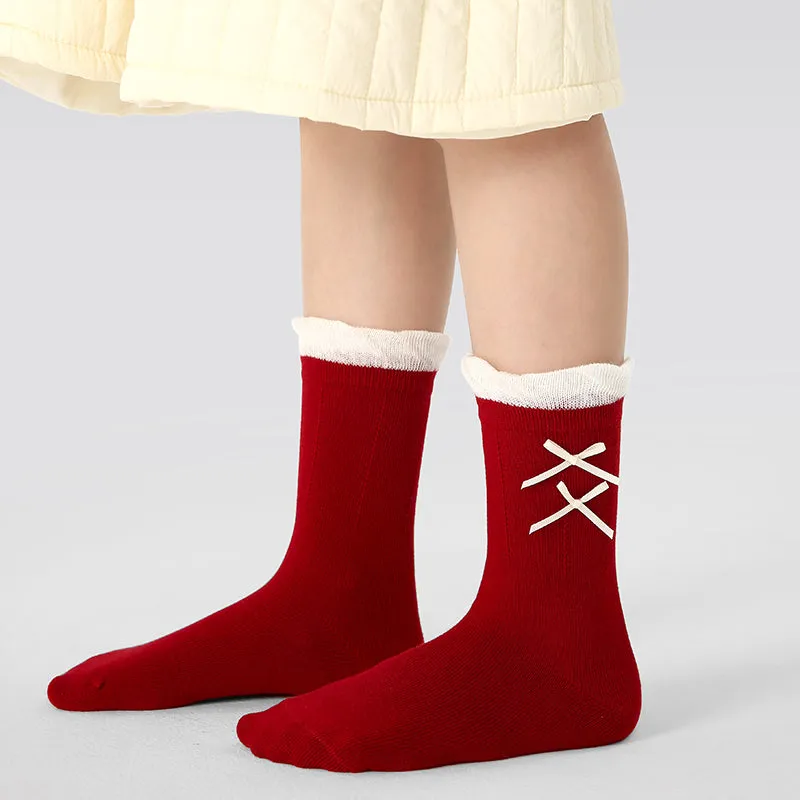 Sweetnana 4-Pack Children's Red New Year Socks Crew Socks with Bow-Knot and Pearl Perfect for New Year Gift