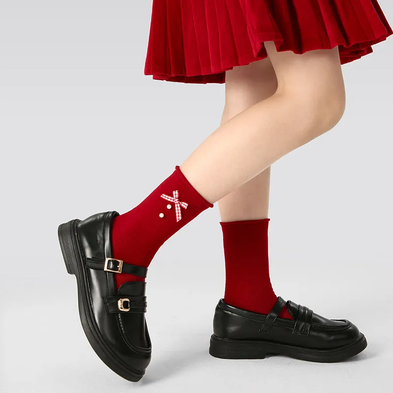 Sweetnana 4-Pack Children's Red New Year Socks Crew Socks with Bow-Knot and Pearl Perfect for New Year Gift