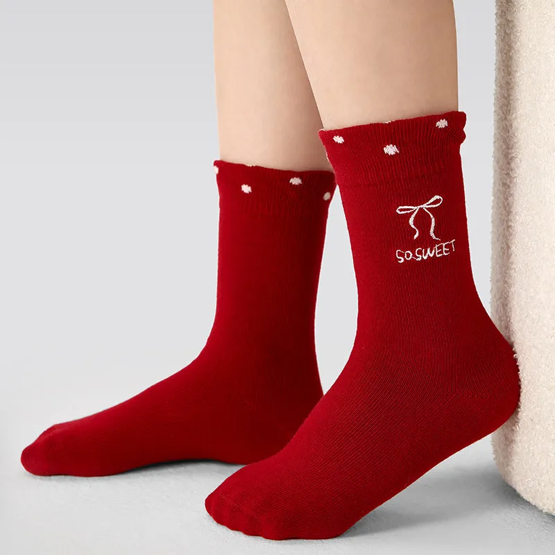 Sweetnana 4-Pack Children's Red New Year Socks Crew Socks with Bow-Knot and Pearl Perfect for New Year Gift