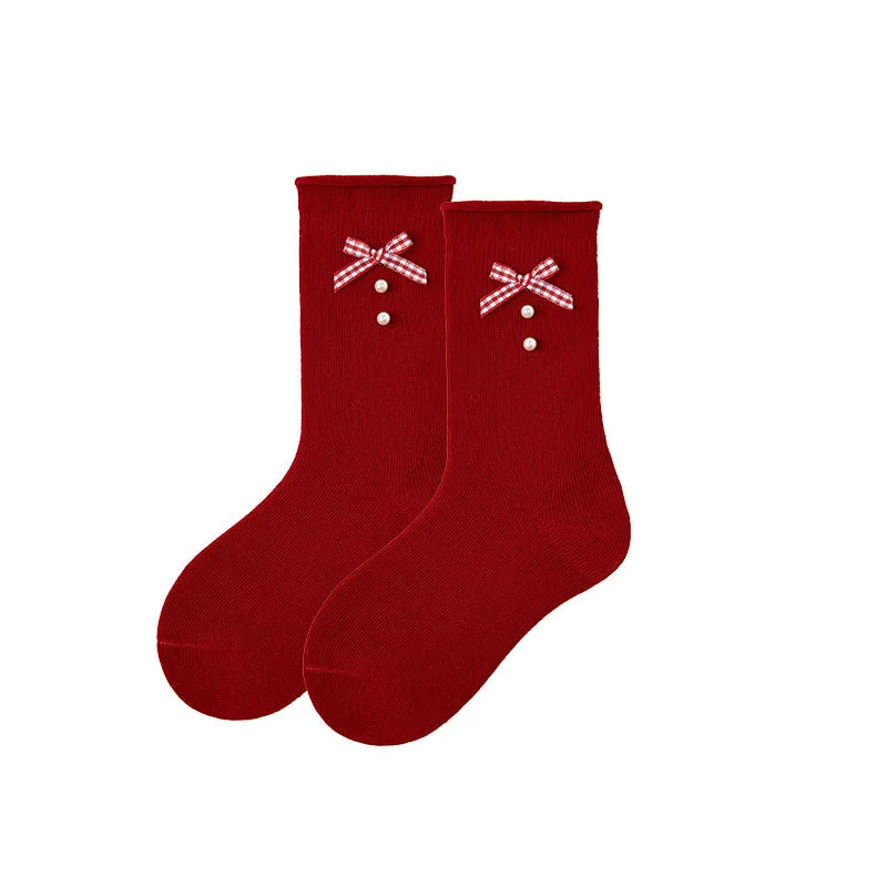 Sweetnana 4-Pack Children's Red New Year Socks Crew Socks with Bow-Knot and Pearl Perfect for New Year Gift