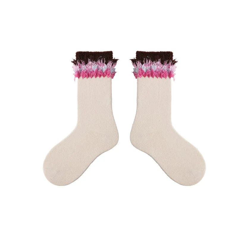 Sweetnana Children's Cotton Socks for Autumn and Winter, Tassels, Raw Edges Design, Sweet and Cool Style, Personalized, Thick, Warm, Mid-calf Socks.