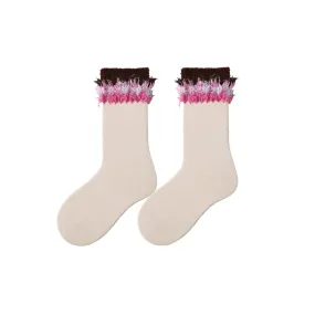 Sweetnana Children's Cotton Socks for Autumn and Winter, Tassels, Raw Edges Design, Sweet and Cool Style, Personalized, Thick, Warm, Mid-calf Socks.