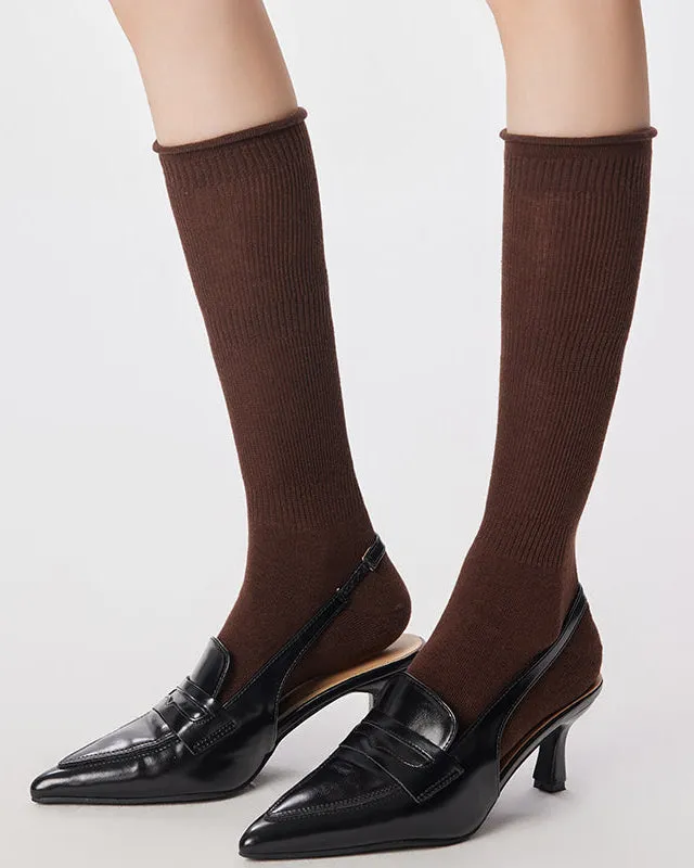 Sweetnana Women's Solid Color Knee High Socks with Rolled Edge Socks Cotton Socks Cozy Seamless Socks