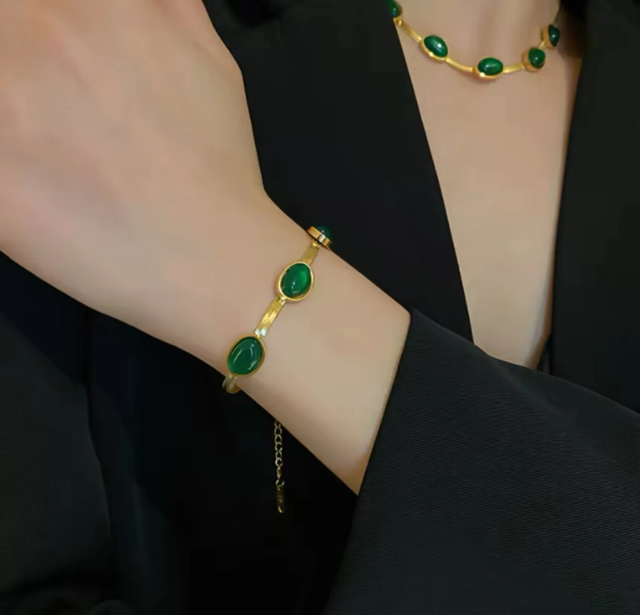 Titanium Steel Emerald Natural Stone Geometric Necklace And Bracelet Chain S3810486