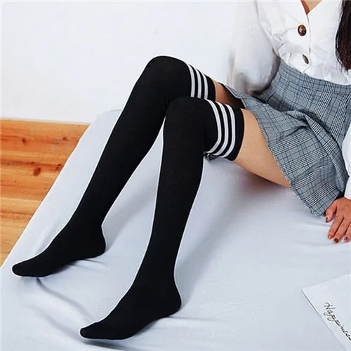 Vera - Dark Academia Thigh High Cotton Stripped Stockings