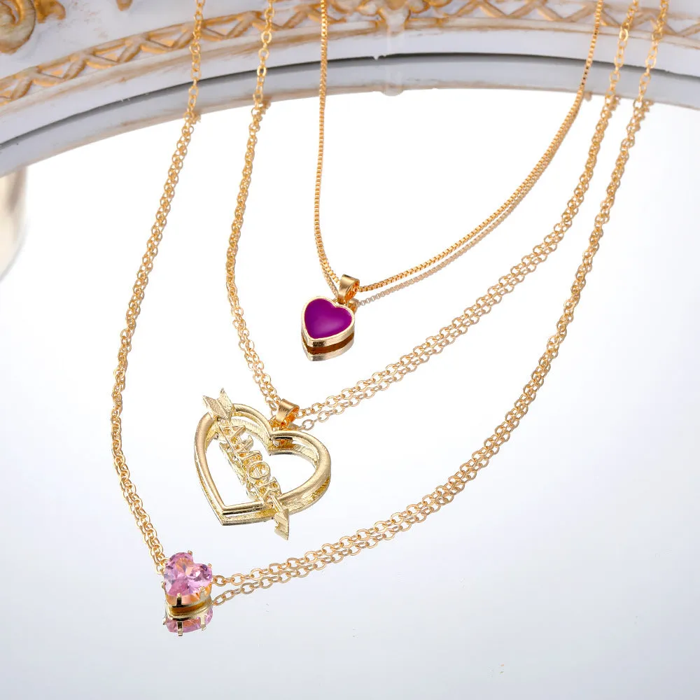Wholesale Multilayer Pink Heart Diamond Cupid's Arrow Alloy Necklaces