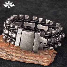 Wide  skull skeleton leather bracelet for  men  with stainless steel cuff loom brands Belt Buckle