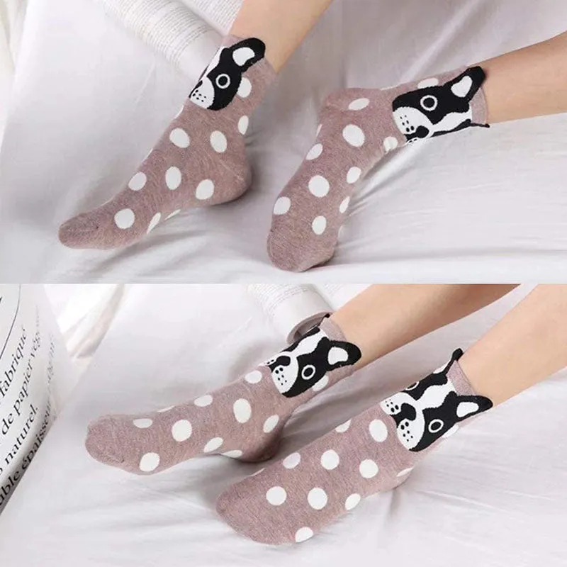 Women Cute Animal Socks Colorful Polka Dots Soft Cotton Socks 5 Pairs