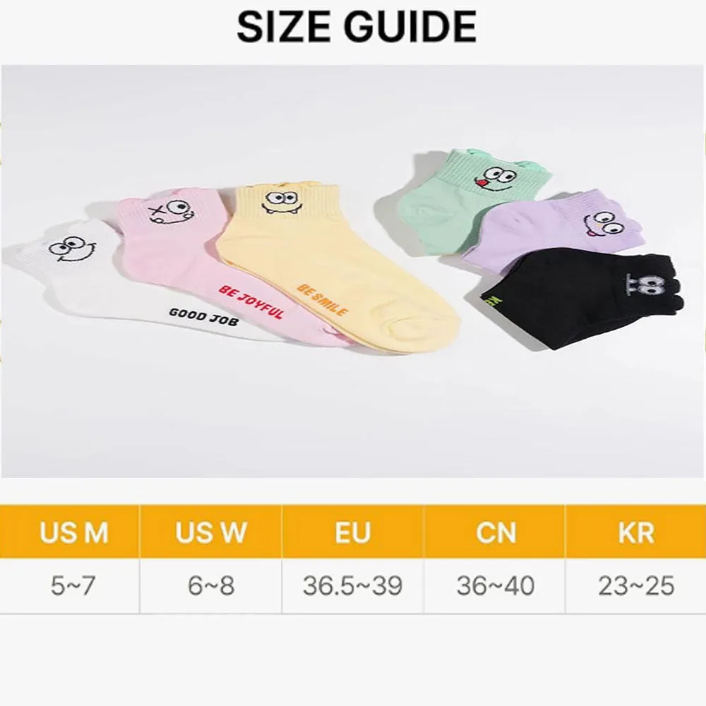 Women Cute Ankle Socks | 6 Pairs Smiley Face Heart Character Design Ruffle Dots Print Fruits Mid Cut Cotton Socks  US 6~8