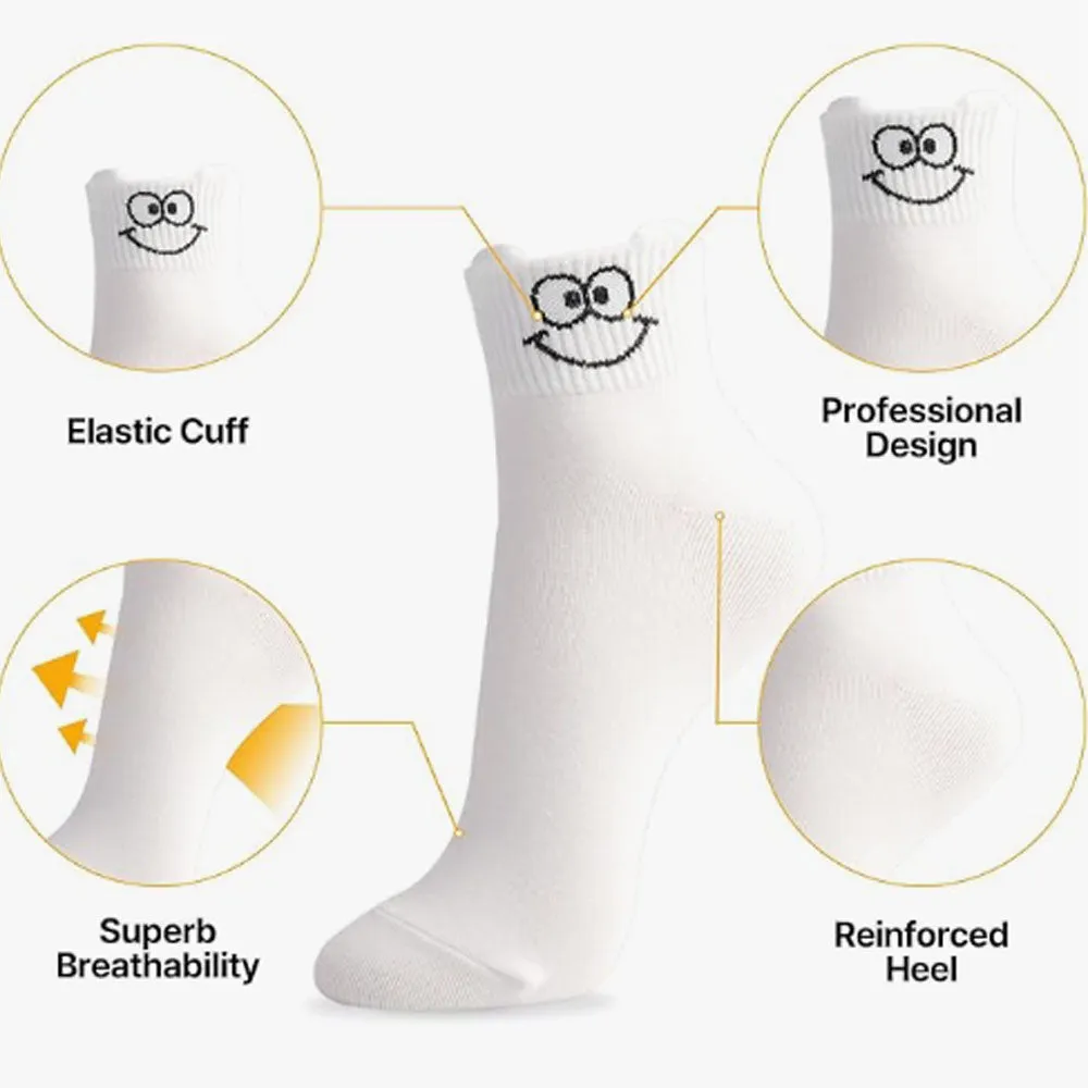 Women Cute Ankle Socks | 6 Pairs Smiley Face Heart Character Design Ruffle Dots Print Fruits Mid Cut Cotton Socks  US 6~8