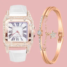 Women'S Watch Ladies Strap, Square Dial, Diamond and Star Bracelet Quartz Watch Set