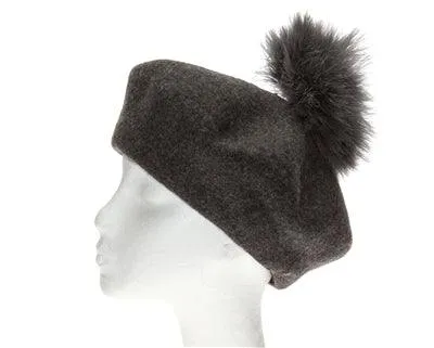 Wool Beret with detachable Ostrich Pom Pom